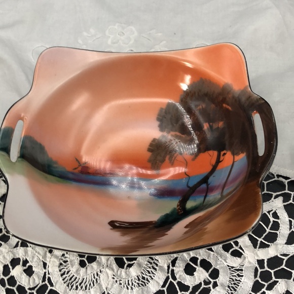 Vintage Noritake Morimura Hand Painted Nut /Candy Dish W/Handles Lake Scene - Picture 3 of 5